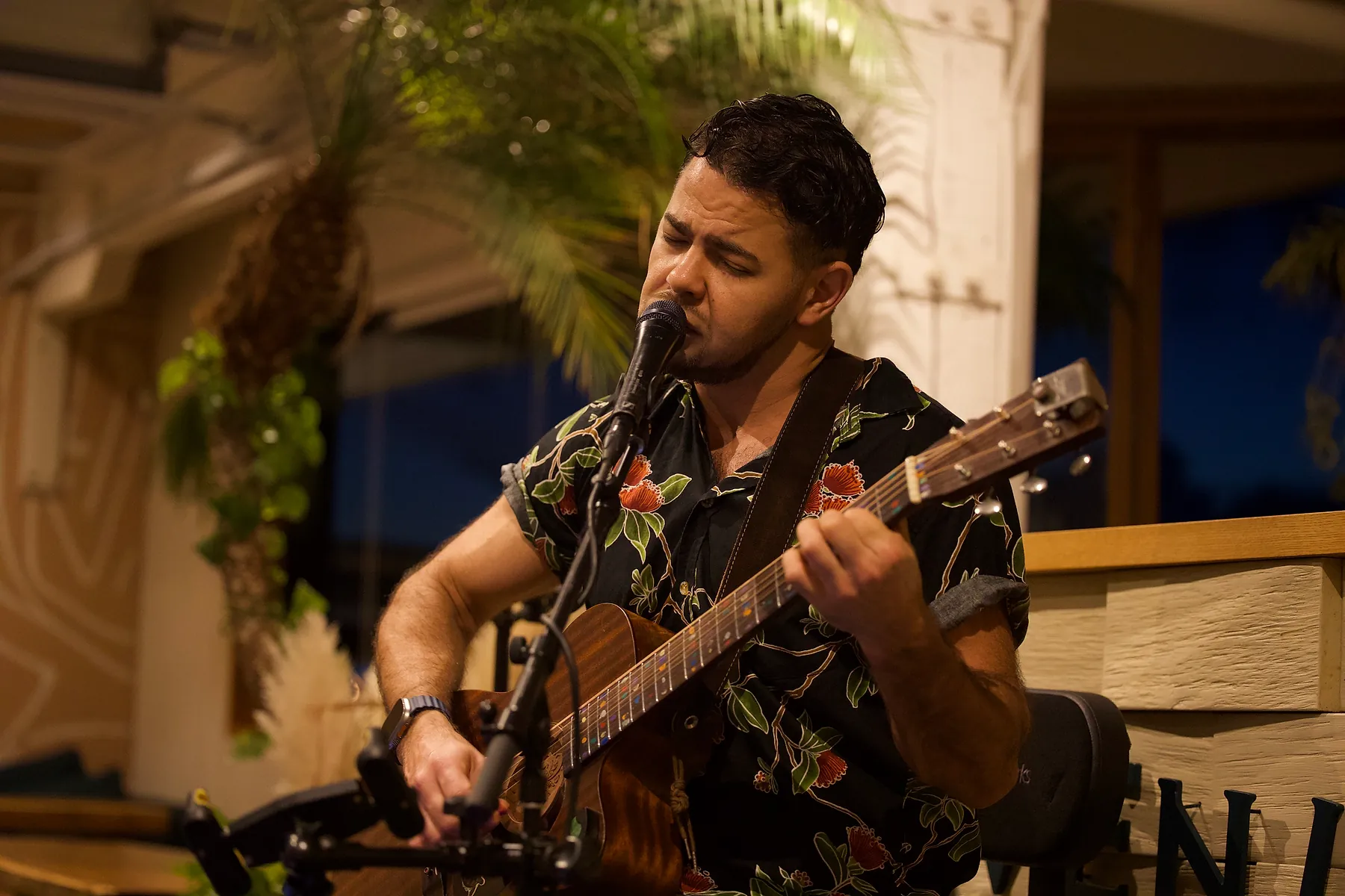 Billy Sage 5 singing under string lights