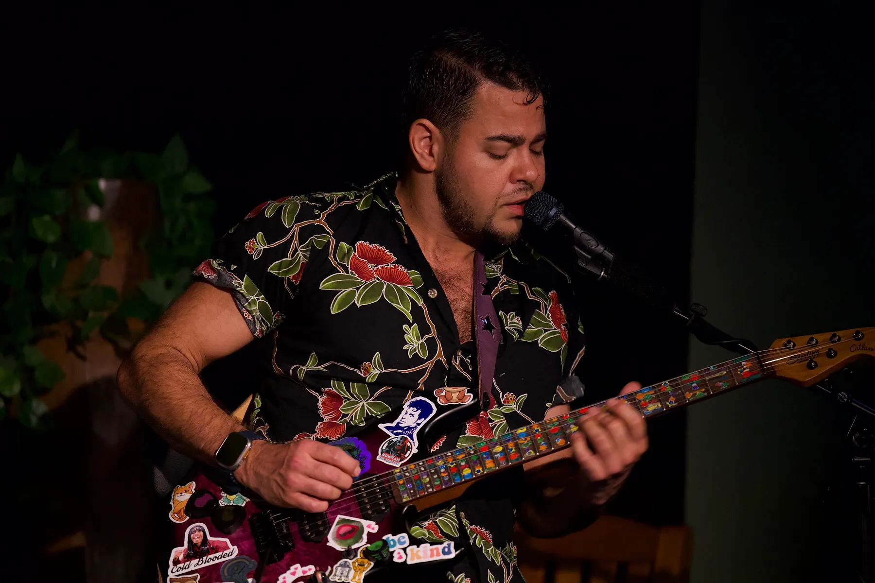 Billy Sage 5 playing bass in front of a painted palm mural